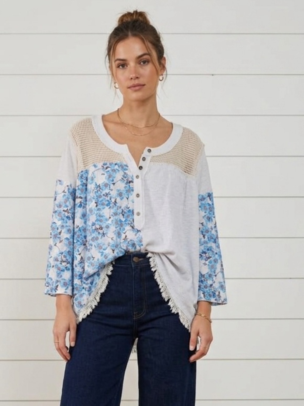 POL Blue Floral Patchwork Henley Tunic